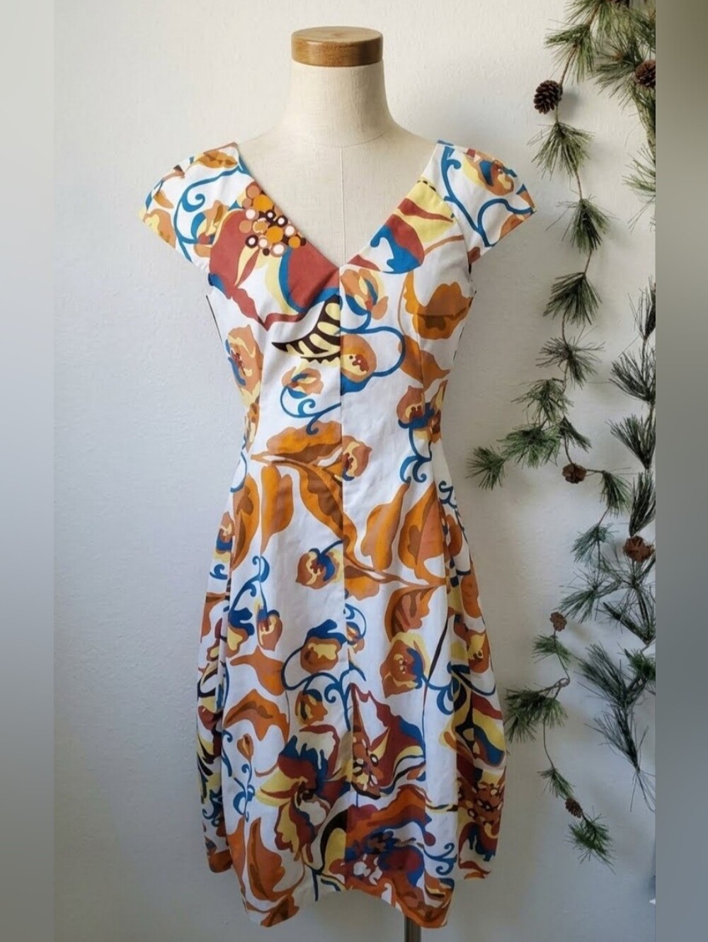 Edas Italia 100% Cotton Floral V-Neck Fit & Flare Midi Dress Italy Retro Pockets
